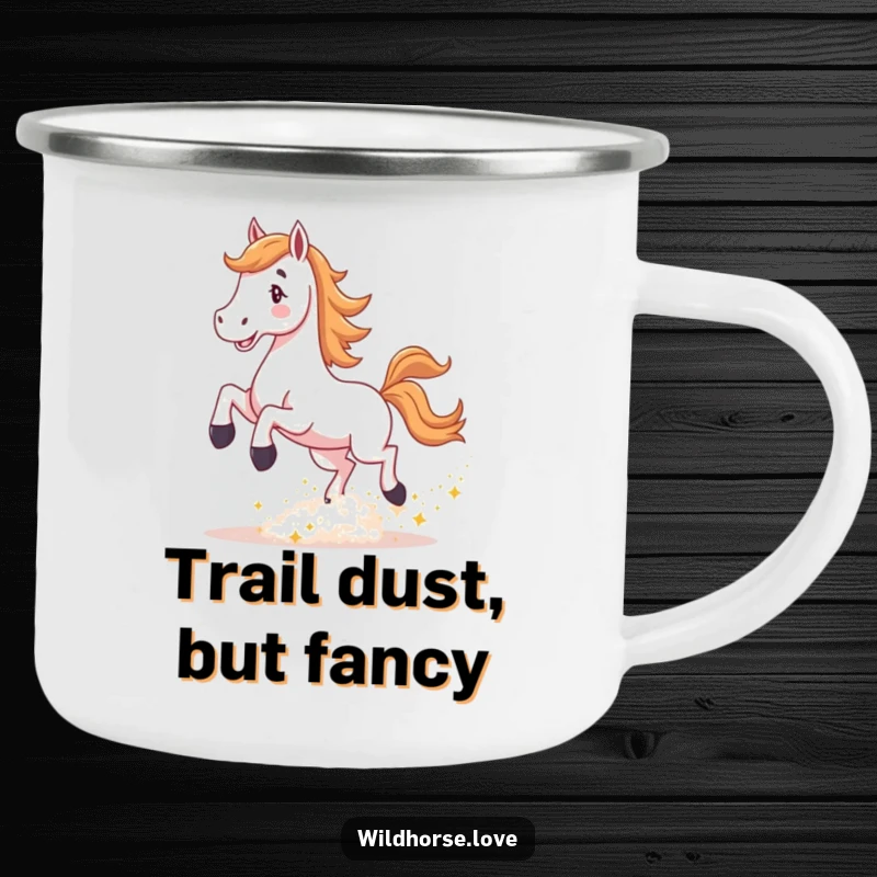 Funny Horse Camping Mug: A horse joyfully kicks up a cloud of sparkling dust, perfect for adventurers who appreciate a magical touch.