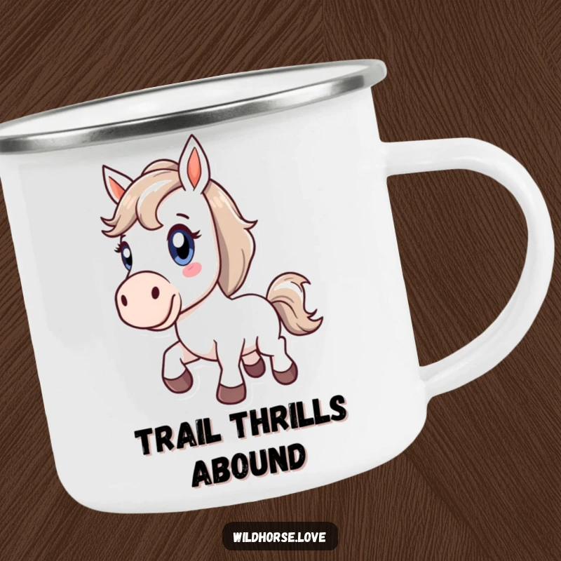 Funny camping mug with a stylized horse bucking with pure delight, great for outdoor spirited fun.