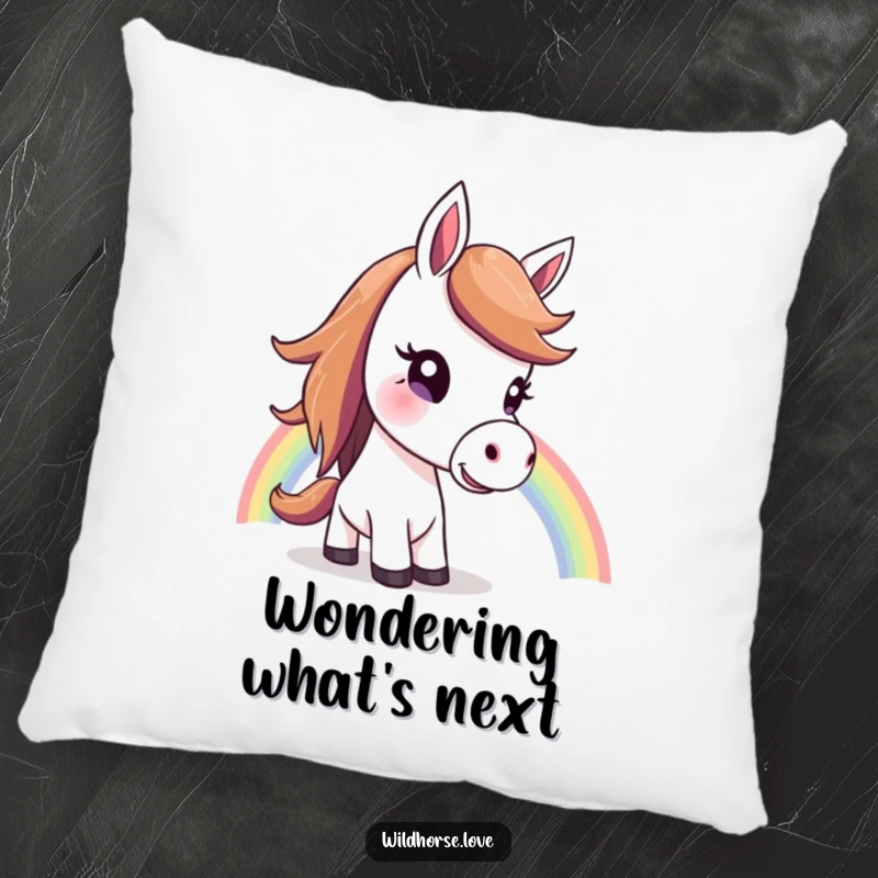 Funny Horse Pillow: A curious horse looks up at a rainbow, offering soft comfort and a touch of hopeful inspiration.