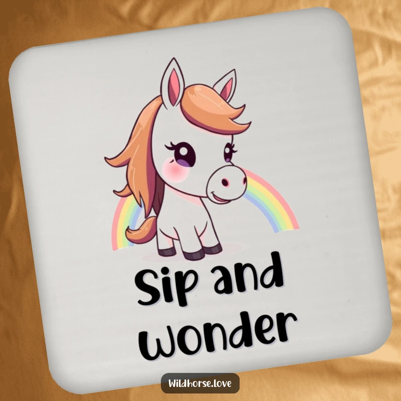 Funny Horse Drink Coaster: A curious horse looks at a rainbow, protecting surfaces with a hopeful and humorous touch.
