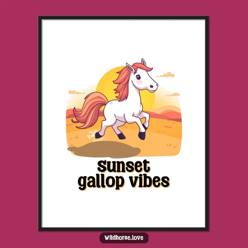 Funny Horse Sunset Poster: Majestic Equine Art Running into Vibrant Sky, Decor Gift