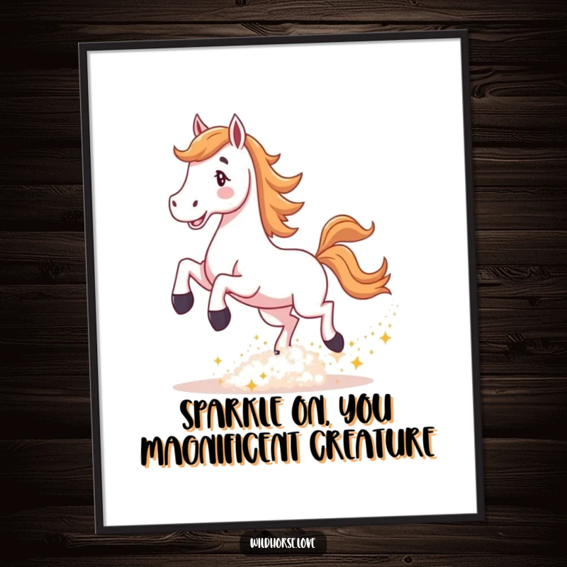 Funny Free Printable Wall Art: Stylized horse joyfully kicking up a massive cloud of shimmering, sparkling dust.