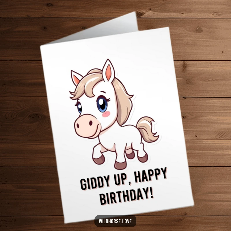 Funny Free Printable Birthday Card: Horse bucking with pure delight and wide, energetic eyes.