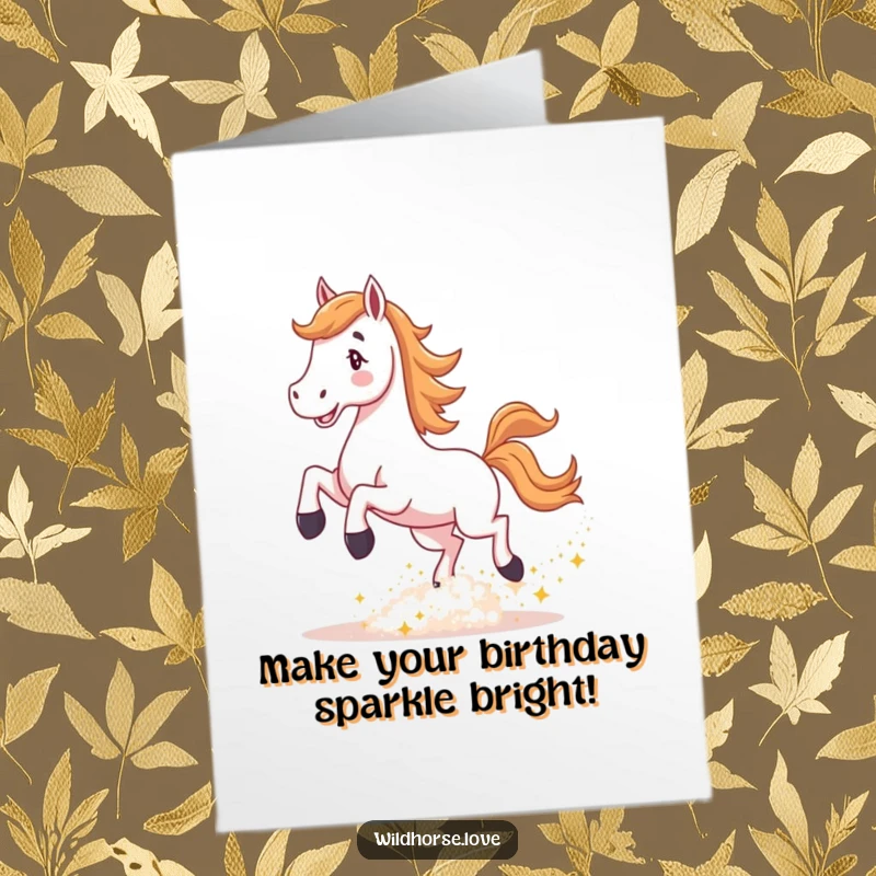 Funny Free Printable Birthday Card: Stylized horse joyfully kicking up a cloud of shimmering, sparkling dust.
