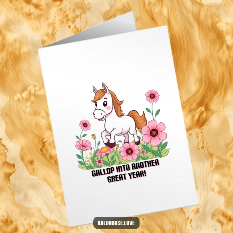 Funny Free Printable Birthday Card: Horse with a massive grin galloping through giant flowers, spreading joy.