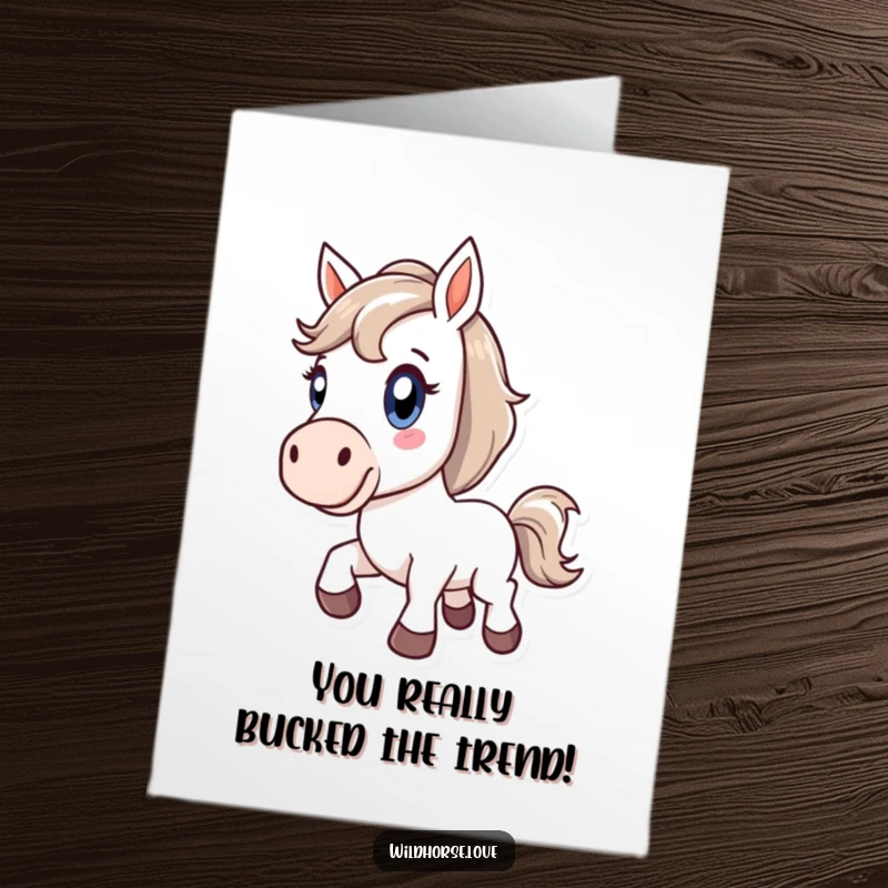 Funny Free Printable Congratulations Card: Horse joyfully bucking with wide, energetic eyes.