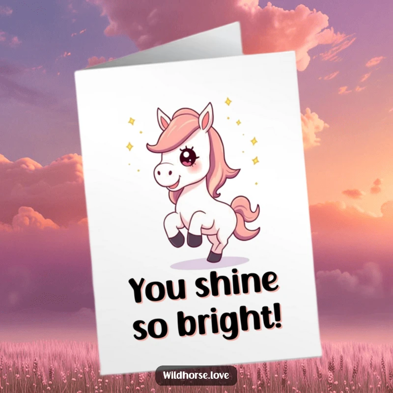 Funny Free Printable Congrats Card: Horse neighing happily, kicking up stardust, celebrating achievement