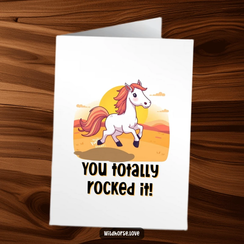 Free Printable Congratulations Card illustrating a triumphant horse with a magnificent tail racing into a breathtaking, vibrant sunset.