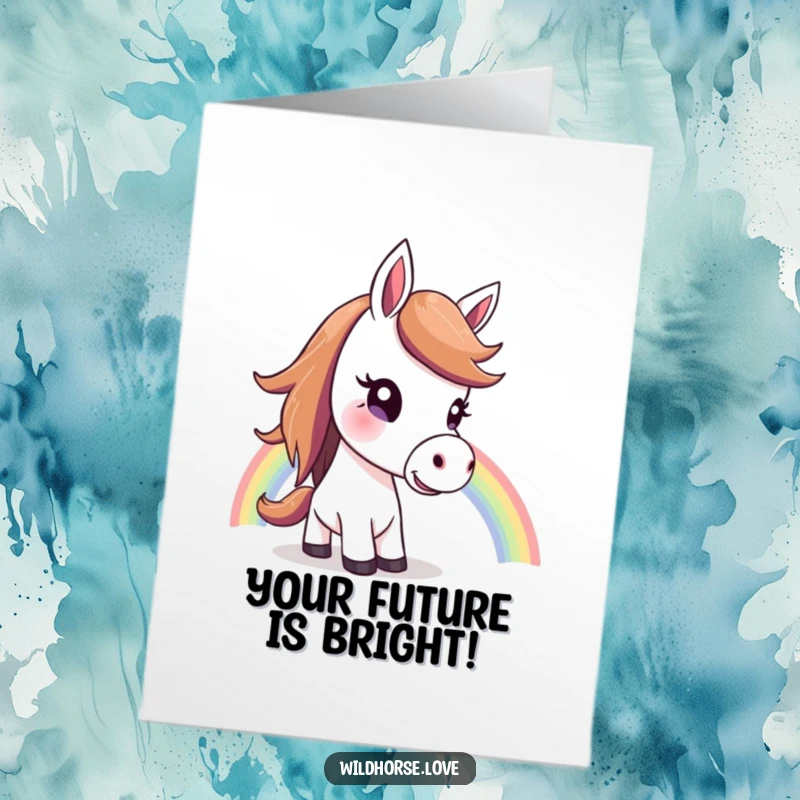 Funny Free Printable Congratulations Card: Horse tilting its head curiously towards a beautiful, colorful rainbow.