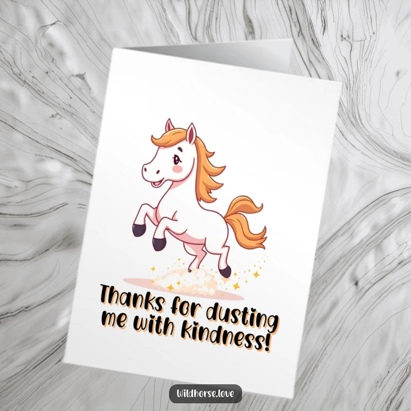 Funny Free Printable Thank You Card: Horse joyfully kicking a cloud of glittering, sparkling dust.