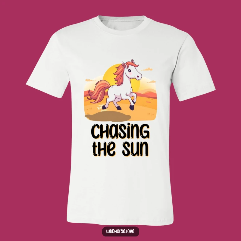 Funny Horse T-Shirt: Long-Tailed Equine Running into Vibrant Sunset, Cool Tee