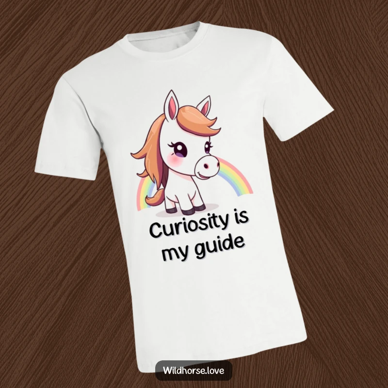 Funny Horse T-Shirt: A horse with a curious head tilt looks up in awe at a bright, colorful rainbow against a scenic background.