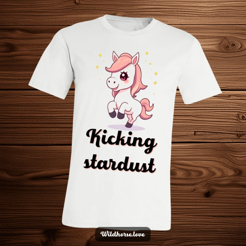 Funny T-Shirt: A horse with a happy neigh kicks up shimmering stardust, creating a magical and whimsical scene.