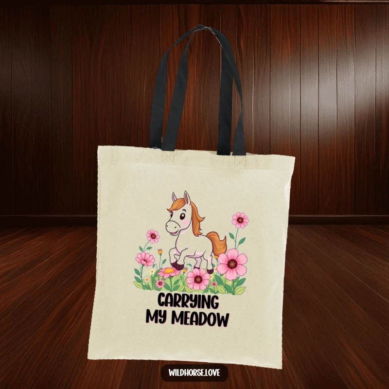 Funny Horse Tote Bag: A smiling horse is joyfully galloping through a vibrant field of huge, colorful flowers, perfect for errands.