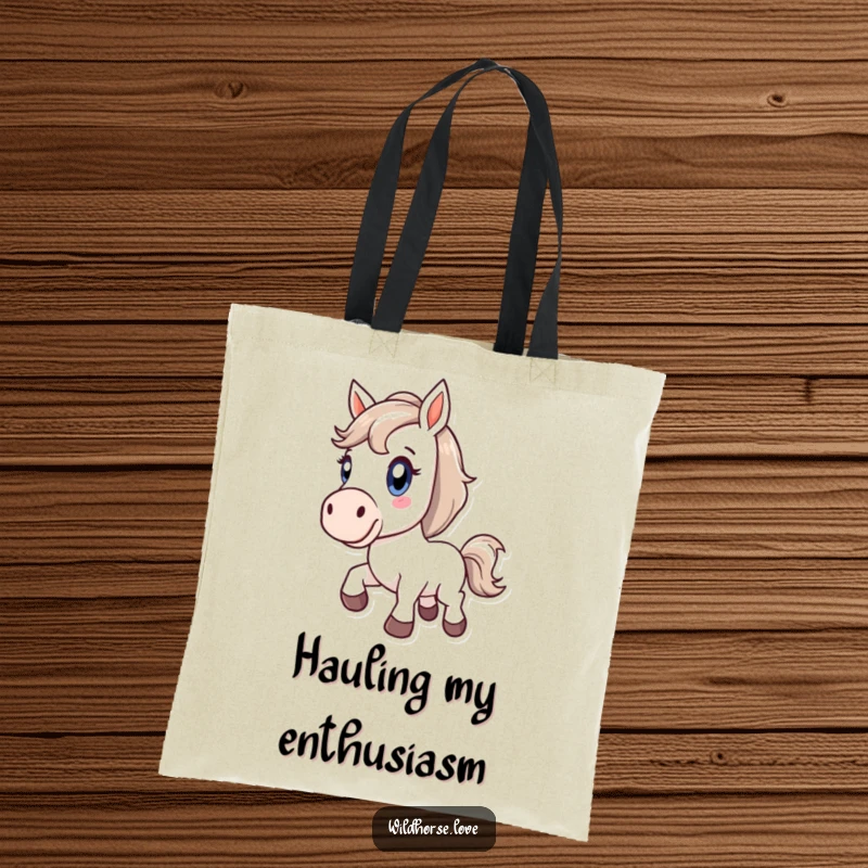 Funny tote bag with a stylized horse bucking with pure delight, perfect for carrying essentials with energetic flair.